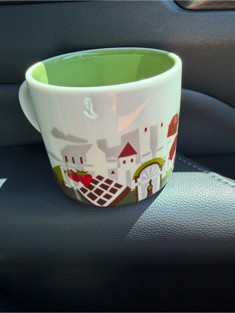 Starbucks Belgium Ceramic Mug White Green Brown Red Accents Collector Travel